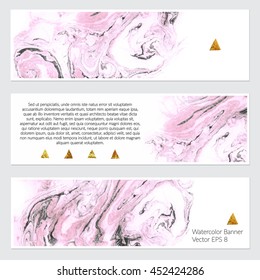 Vector. Set of hand drawn marble background with white pure places for your text or pictures. Set of three watercolor banners for your design.