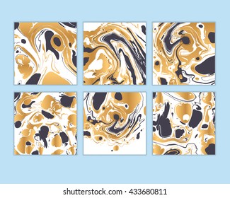 Vector set of hand drawn marbling illustration technique.
Watercolor stains, abstract background, aqua print artistic effect.
Cover design for party invitation, trendy graphic, suminagashi art.