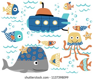 Vector set of hand drawn marine animals in colorful ornament with submarine