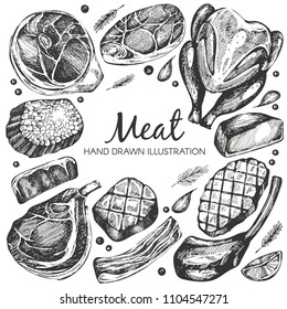 Vector set with hand drawn meat products on the white background