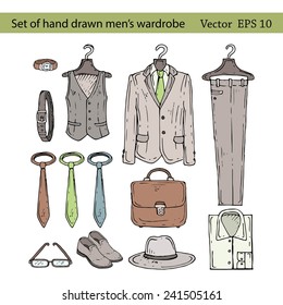 Vector set of hand drawn men's wardrobe icons. Background for use in design