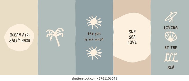 Vector set of hand drawn minimalist beach lifestyle backgrounds and coastal icons in earthy pastel tones.