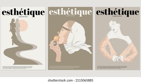 Vector set of  hand drawn  minimalistic placard with illustration of elegant girl. Creative artwork . Template for card, poster, banner, print for t-shirt, pin, badge, patch.