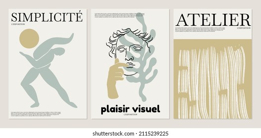 Vector set of  hand drawn  minimalistic placard with illustration. Creative abstract artwork with antique head . Template for card, poster, banner, print for t-shirt, brochure.