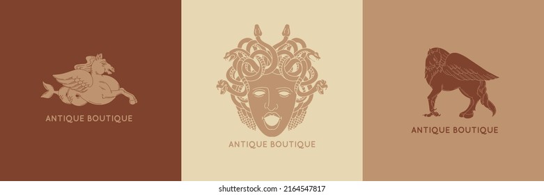 Vector set of hand drawn minimalistic placard with illustration. Creative abstract artwork with medusa, griffin . Template for card, poster, banner, print for t-shirt, pin, badge, patch.