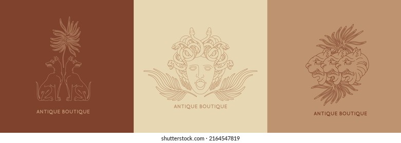 Vector set of hand drawn minimalistic placard with illustration. Creative abstract artwork with medusa, lion, dog . Template for card, poster, banner, print for t-shirt, pin, badge, patch.