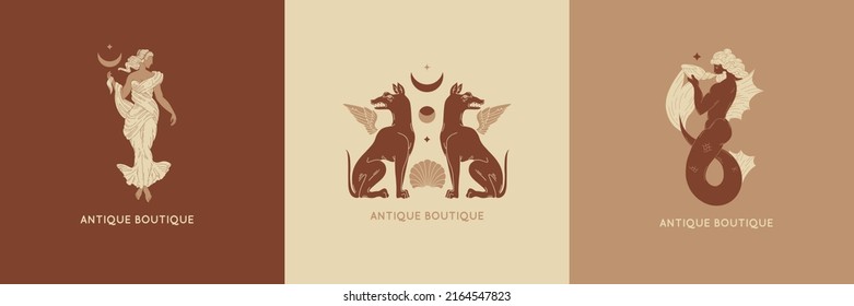 Vector set of hand drawn minimalistic placard with illustration. Creative abstract artwork with triton, dog . Template for card, poster, banner, print for t-shirt, pin, badge, patch.