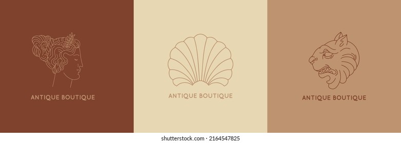 Vector set of hand drawn minimalistic placard with illustration. Creative abstract artwork with lion, shell . Template for card, poster, banner, print for t-shirt, pin, badge, patch.