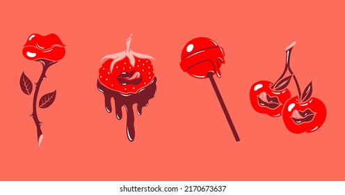 Vector set of hand drawn minimalistic abstract illustration of cherry, strawberry, lollipop, . Creative artwork . Template for card, poster, banner, print for t-shirt, stamps, stickers, pin, badge