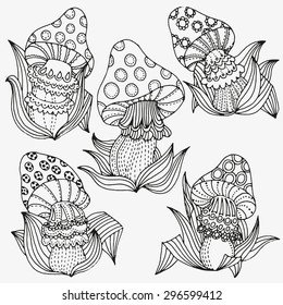 Vector set of hand drawn mushrooms. Page for coloring book. Doodle set.