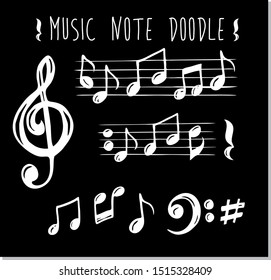 Vector set of hand drawn music notes on black background, vector illustration