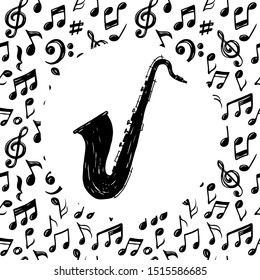 Vector set of hand drawn music notes and saxophone  on white background