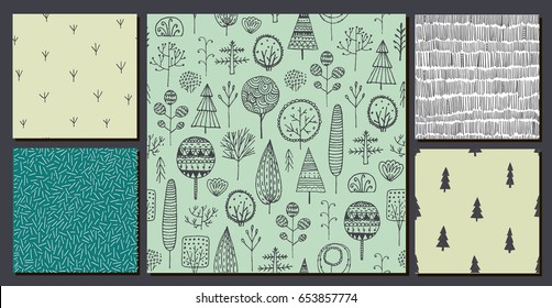 Vector set of hand drawn nature, forest, trees, abstract seamless doodle patterns, backgrounds
