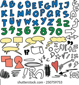 Vector set - Hand drawn numbers, alphabet, symbols and signs