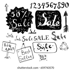 Vector set of hand drawn numbers, doodle sale lettering, typography, frames, bubbles