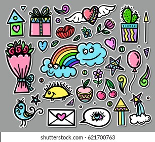 Vector set of hand drawn objects, doodle elements. Funny baby pictures. Contemporary illustration for design EPS 10