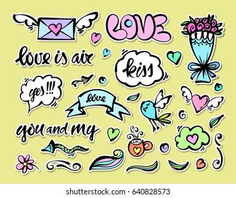Vector set of hand drawn objects, Doodle elements. Funny pictures, icons. Contemporary illustration, design, blog, social media, to design cards or invitations.