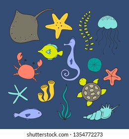 Vector set of hand drawn ocean creatures. Ocean marine world. For children fashion and stationery, nursery, scrapbooking, home decor and textile, surface design.	