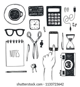 Vector set of hand drawn office tools. Freelance, tools for making business online, entrepreneur. Mock up, top view. Black and white