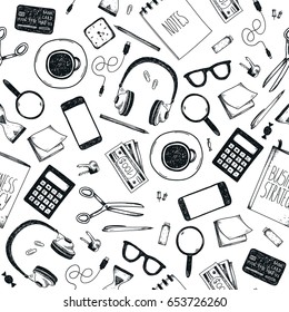 Vector set of hand drawn office tools seamless pattern. Freelance, tools for making business online, entrepreneur. Mock up, top view. Black and white