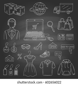 Vector set of hand drawn online shopping icons isolated on chalkboard background.