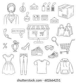 Vector set of hand drawn online shopping icons isolated on white background.