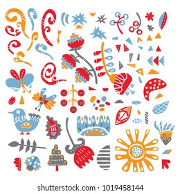 vector set of hand drawn ornate flowers and natural objects