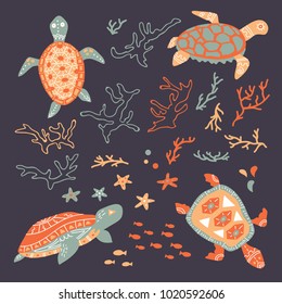 vector set of hand drawn ornate turtle and sea objects