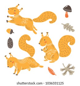 Vector set of hand drawn ornate baby squirrel