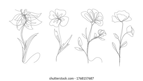 conjunto vectorial de flores de contorno dibujadas a mano, ilustración de arte de una sola línea, elementos florales para la decoración