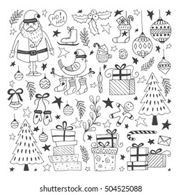 Vector Set of hand drawn outline Christmas illustrations. Clipart collection with Santa Claus, Christmas ball, gifts, christmas tree. Vector elements for Xmas design.