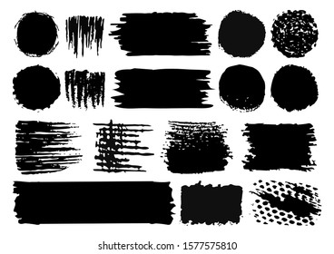 Vector set of hand drawn paint brush strokes and stains isolated on white backdrop. Collection of black ink, brushes, lines. Dirty artistic design elements. Grunge textures.Dirty boxes,frames,circles.