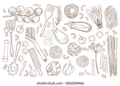 Vector set with  hand drawn pasta and vegetables on white background. Italian food. Sketch  illustration.