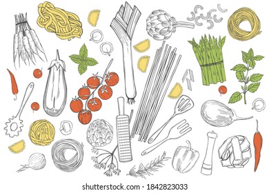 Vector set with  hand drawn pasta and vegetables on white background. Italian food. Sketch  illustration.