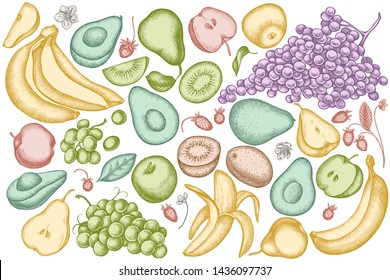 Vector set of hand drawn pastel apples, pears, avocado, kiwi, grapes, bananas, strawberry