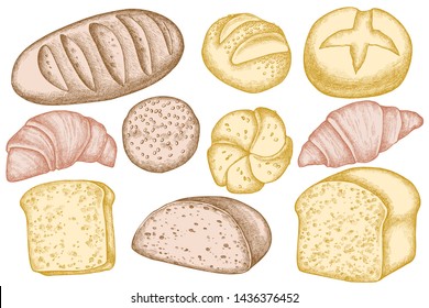 Vector set of hand drawn pastel buns and bread, croissants and bread