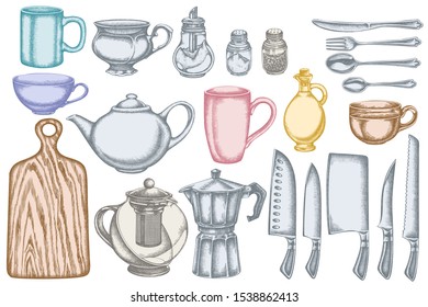 Vector set of hand drawn pastel Chef's knifes, teaspoon, spoon, fork, knife, cutting board, bottle of oil, teapots, coffee pot, cups, sugar bowl, pepper shaker, salt shaker