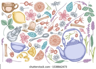 Vector set of hand drawn pastel cinnamon, lemons, oranges, tea bag, sugar cubes, heather, chamomile, dog rose, peppermint, almond, strawberry, teaspoon, teapots, cups, sugar bowl