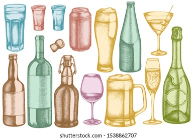 Vector set of hand drawn pastel glass, champagne, mug of beer, alcohol shot, bottles of beer, bottle of wine, glass of champagne, glass of wine, glass of martini, aluminum can