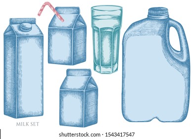 Vector Set Of Hand Drawn Pastel Glass, Milk Boxes, Gallon Of Milk