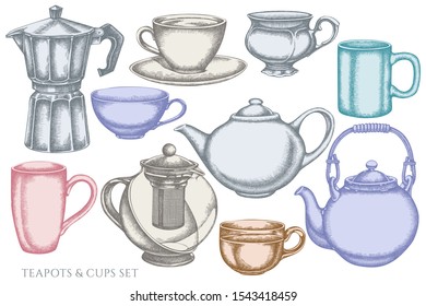 Vector set of hand drawn pastel coffee cups, teapots, coffee pot, cups