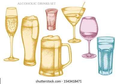 Vector set of hand drawn pastel glass, mug of beer, alcohol shot, glass of champagne, glass of wine, glass of martini