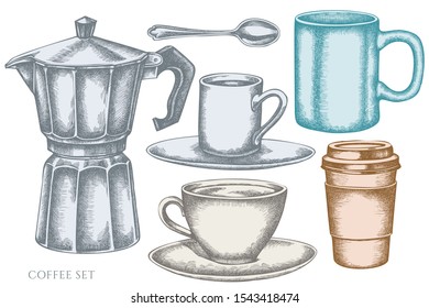 Vector set of hand drawn pastel coffee cups, teaspoon, paper cup, espresso cup, coffee pot, cups