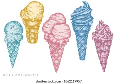 Vector set of hand drawn pastel ice cream cones