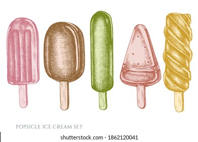 Vector set of hand drawn pastel popsicle ice cream