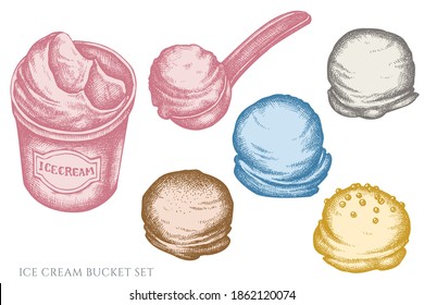 Vector set of hand drawn pastel ice cream bucket, ice cream scoop, ice cream balls