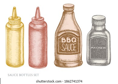 Vector set of hand drawn pastel sauce bottles