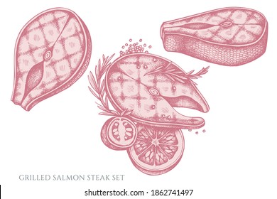Vector conjunto de filetes de salmón a la parrilla pintado a mano
