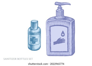 Vector set of hand drawn pastel sanitizer bottles