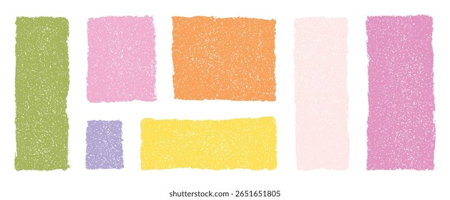 Vector set of hand drawn pastel colored textured rectangles and squares abstract geometric shapes sketch crayon ink chalk artistic design elements isolated on transparent background modern layout